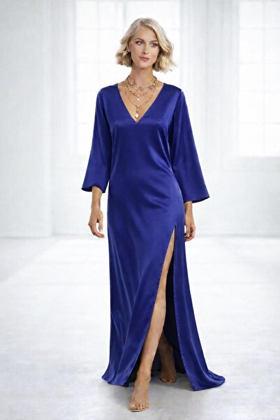 ALYEL NAKER V-Neck & One-Side Deep Slit Maxi Regular Satin Dress