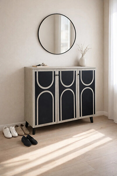 MARIA HOMES Modern Beige and Black Shoe Cabinet Sideboard with Three Doors fo...