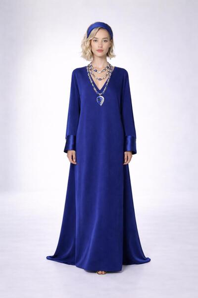 ALYEL NAKER A-Line Maxi Crepe Dress with V-Neck & Satin Cuff Detail