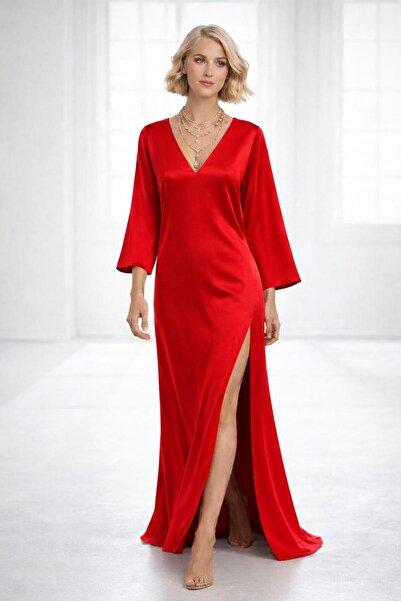 ALYEL NAKER V-Neck & One-Side Deep Slit Maxi Regular Satin Dress