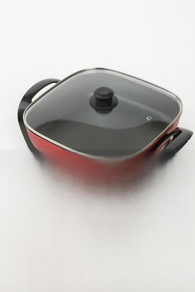 CREPE Square Electric Frying Pan with Glass Lid, 1500W, Deep Red Color, Non-S...