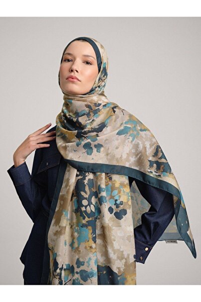 Ayshara Single-Sided Shawl with Bud Leaf Pattern - Petrol Green