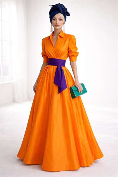 ALYEL NAKER Maxi Taffeta Shirt Dress with Belt and Two Full Circle Openings