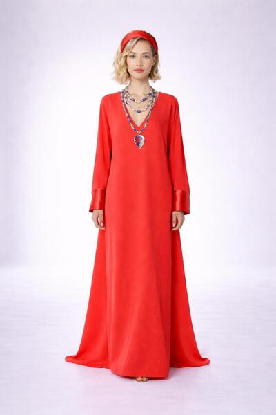 ALYEL NAKER A-Line Maxi Crepe Dress with V-Neck & Satin Cuff Detail