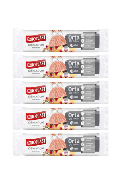 Koroplast أكياس قمامة برباط متوسطة الحجم، عبوة من 10 قطع، 5 عبوات