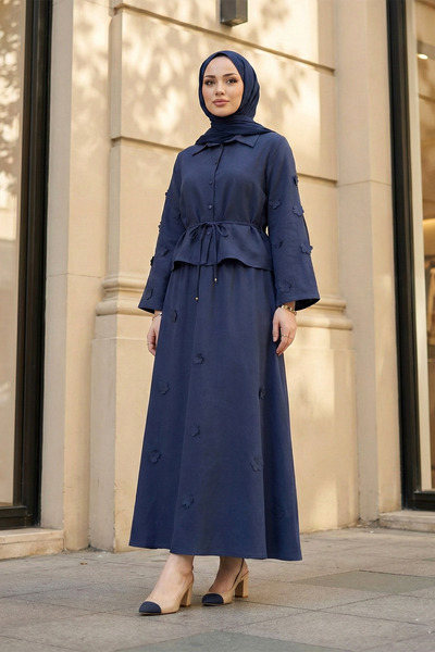 MODAQU Floral Detailed Skirted Two-Piece Modal Navy Blue Suit
