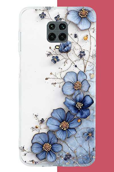 Aksesuarist Redmi Note 9 PRO-9S Uyumlu mavi çiçek UV Baskılı Silikon Kılıf