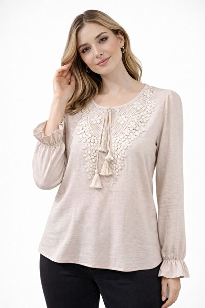 MODA Dantel Yakalı Püskül Detaylı Uzun Kollu Örme Bluz