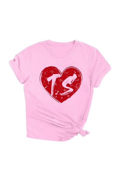 Other Women's Heart Print T-Shirt - Polyester and Spandex, Casual, Pink - Size L