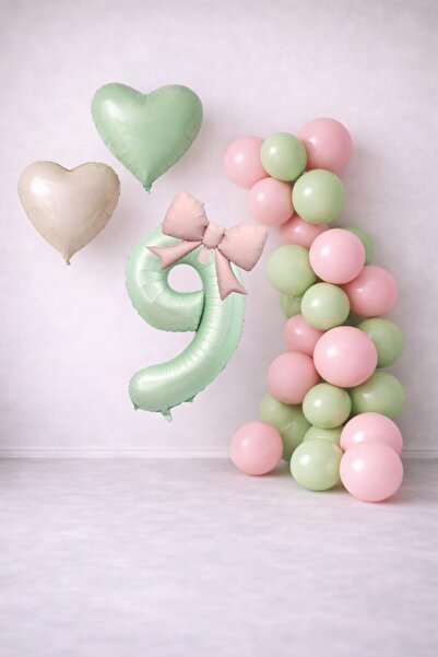 Patladı Gitti Sage Green & Pink 9Th Birthday Balloon Decoration Set