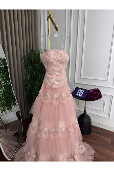 ranin Evening dress, tulle, flared, embroidered with roses and beads