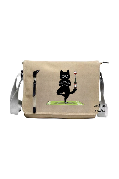 Minga London Beige Cat Yoga Printed Messenger Bag -Mingalondon