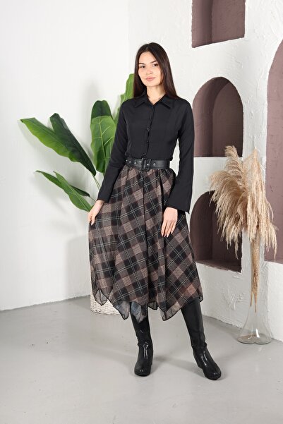 YEK&BİR Plaid Asymmetric Chiffon Skirt Black