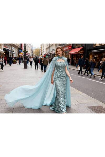 ranin sequined evening dress cape