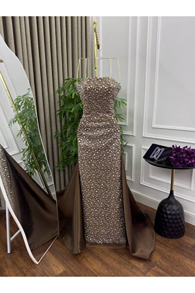 ranin Mikado evening dress with embroidered train and lace trim