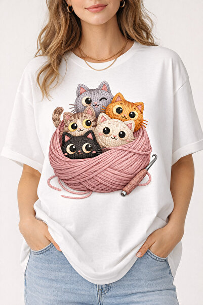 donamod Yumak Knitted Cute Cat Oversize Women'S/Unisex White T-Shirt