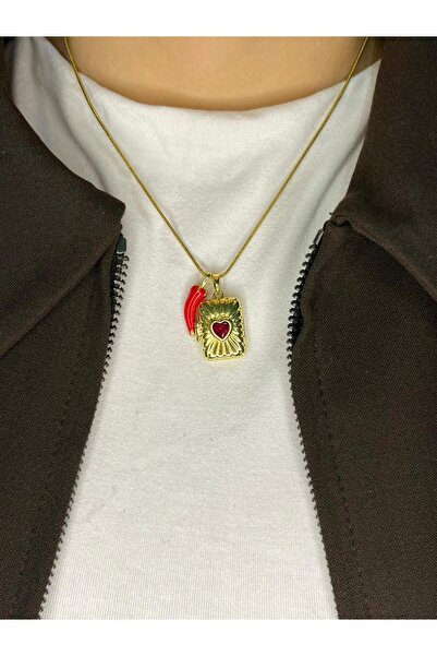 D&Z ACCESSORİES 2'li Kolye Seti | Viral Biber Şans Kolyesi & Kırmızı Kalpli K...