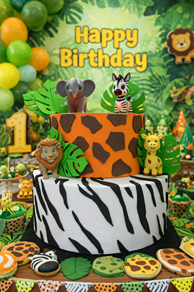 OGELAPARTY Safari Konseptli Maket Pasta–Aslan Zürafa Fil Zebra Figürlü Maket ...