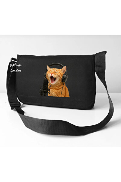 Minga London Geantă neagră fără buzunare Singer cu imprimeu pisici -mingalondon