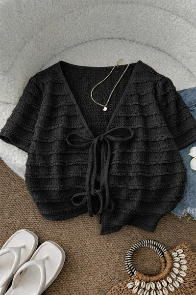 poswicon Black Ruffle Fabric Short-Sleeved Front-Tie Blouse