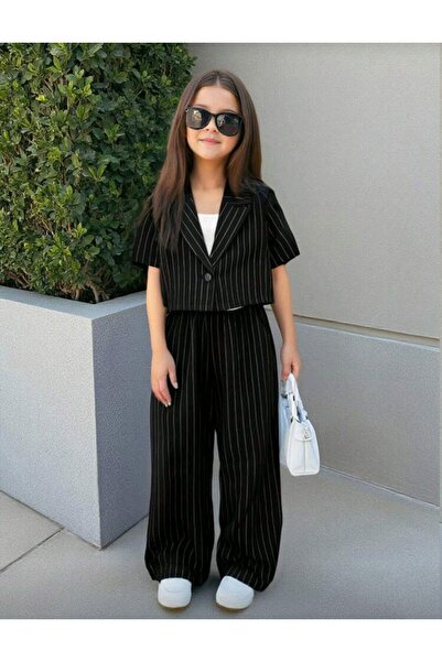 kendii modamm Kız Çocuk Çizgili Crop Ceket & Bol Paça Pantolon Takım – Şık ve...