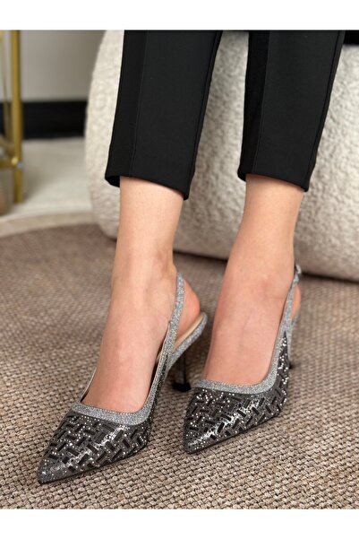 Eysha Rimal Women's Silver Stone Embellished Pointed Toe Shiny Open Back Patt...