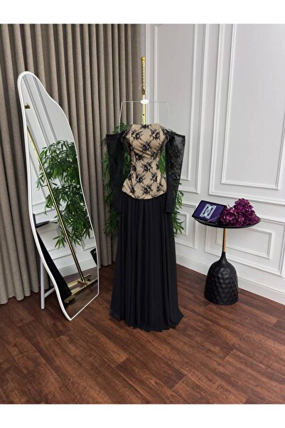 ranin Evening dress with a lace bodice and chiffon flared skirt