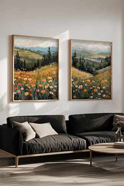 STARYUNA Wooden Framed Mountain Flowers Scenic Double Painting Set Yuna536