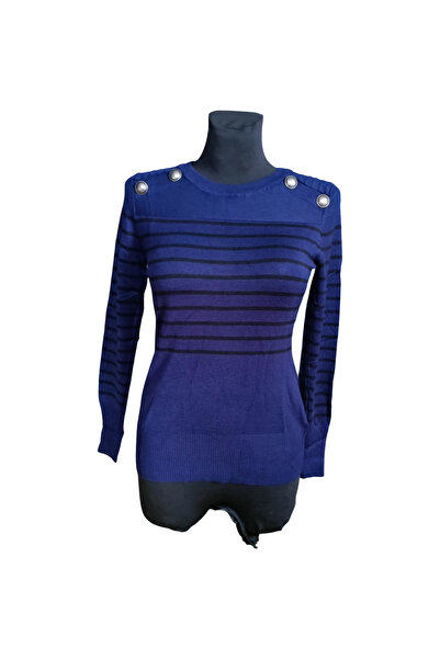 Other Women's Striped Sweater - Soft Rayon, Decorative Buttons - Navy Blue wi...