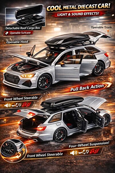 Aksoy Toys AUDİ RS6 Metal Araba Işıklı Kapıları Bagajı Kaputu Açılır 20 Cm Oy...