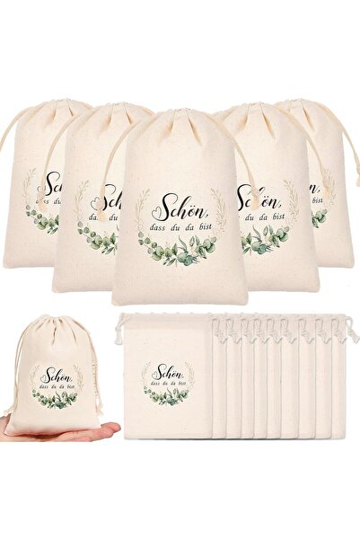 Other Set 50 Săculeți Cadou - Bumbac cu Șnur, Imprimeu Frunze - 10x15 cm, Bej