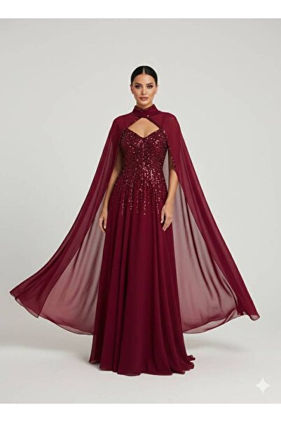 ranin Chiffon flared evening dress with embroidered cuffs