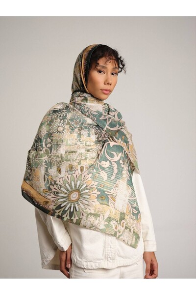 Ayshara Nakkaşın Mührü Ethnic Patterned Single-Sided Shawl - Mint Green