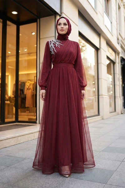 MODAQU Draped Tulle Evening Dress with Stone Detail on the Shoulder -Burgundy