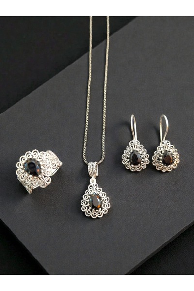 Süryani Gümüş Kesme onix taşlı Telkari set