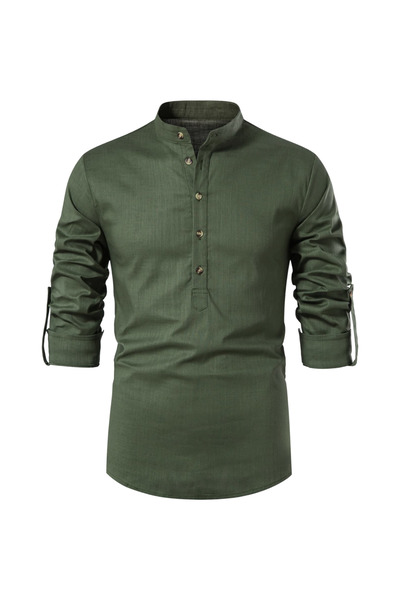 Other Vintage Men's Shirt - Cotton and Elastane - Slim Fit, Tunic Collar, Gre...