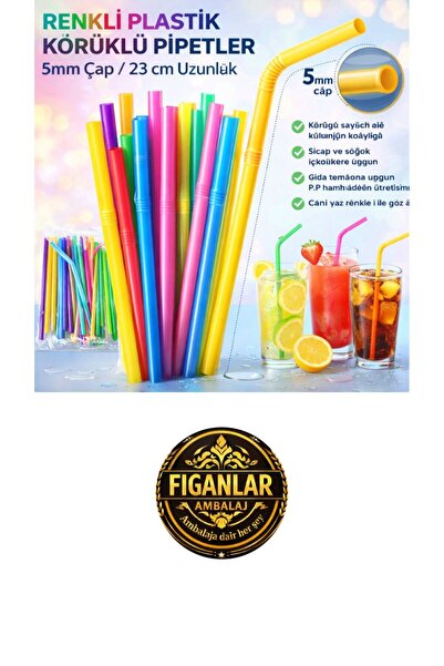 figanlar ambalaj 100 adet Renkli Körüklü Pipet 23 cm 5 mm – Kullan At Plastik...