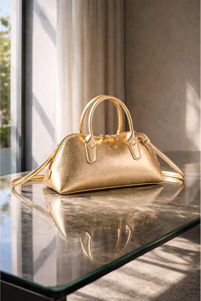 Rimense Geantă de mână și de umăr cu curea lungă, de culoare aurie, pentru femei