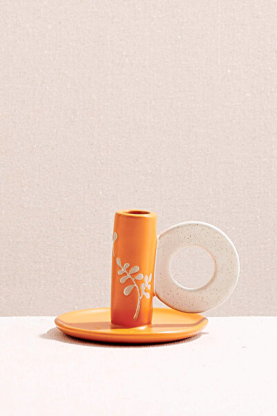 Paşabahçe Leaf Seramik Şamdan Mumluk Turuncu Bej