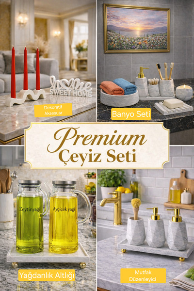 lufen deco Mermer Desenli Çeyiz Banyo Seti Mutfak Düzenleyici Yağdanlık Altlı...