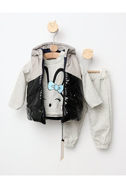 MiniKids Set 3 piese cu vesta Fetita Iepuras negru-gri 110 (4-5 ani)