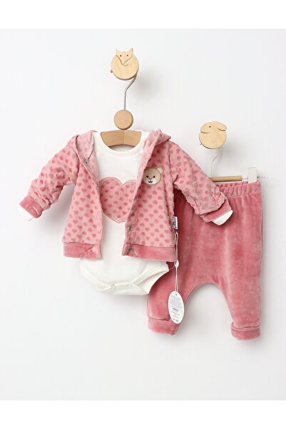 MiniKids Set catifelat, 3 piese Big Heart model roz-prafuit 68 (3-6 luni)
