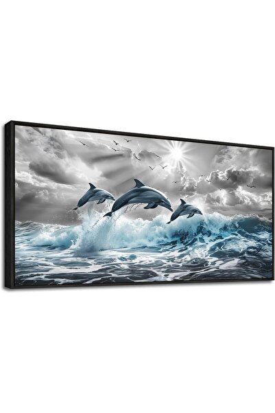 Other Tablou pe Pânză Delfini - Ramă Neagră Lemn Masiv, Imprimare HD, Reziste...