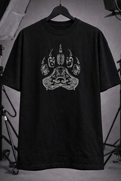 cc collection Unisex Oversize Black Bear Paw Printed Unisex Street Style T-Shirt