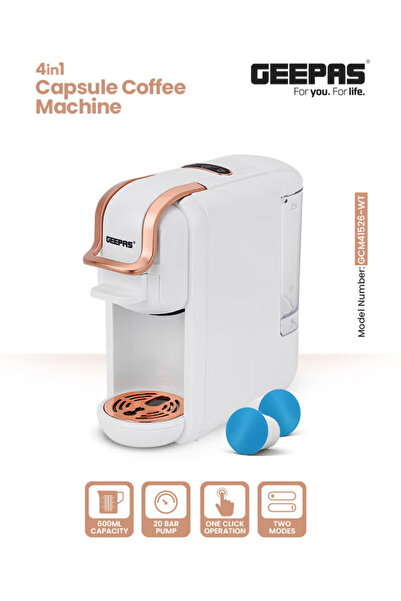 Geepas 4-In-1 Capsule Coffee Machine | 1450W | 0.6L Tank | White/Rose Gold GC...