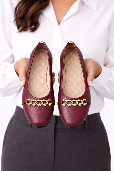 Slipcat Balerini plați cu lanț auriu și detalii din piatră pentru femei – Pan...