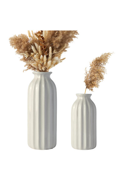 Other Set vaze ceramice, Stil Boho, Textura striata, Albe, 17.5 cm si 12.7 cm...