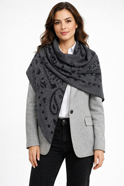 Sebir Moda Patterned Double-Sided Knitwear Triangle Shawl