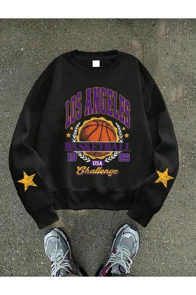 Oceanwear Losangeles Basketball Printed Crew Neck Women'S/Men's Black Sweatshirt