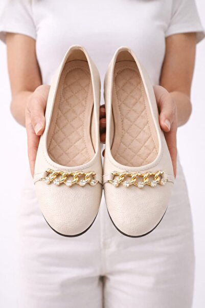 Slipcat Balerini plați cu lanț auriu și detalii din piatră pentru femei – Pan...